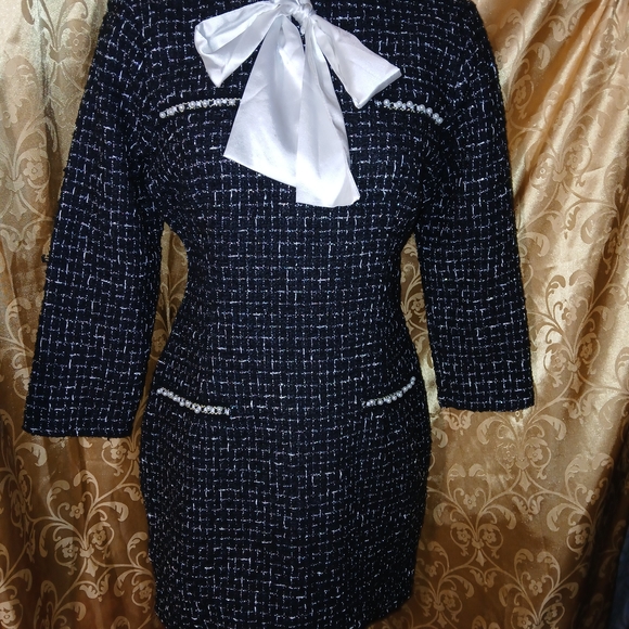 SHEIN Dresses & Skirts - SHEIN Navy and White Tweed Midi Dress